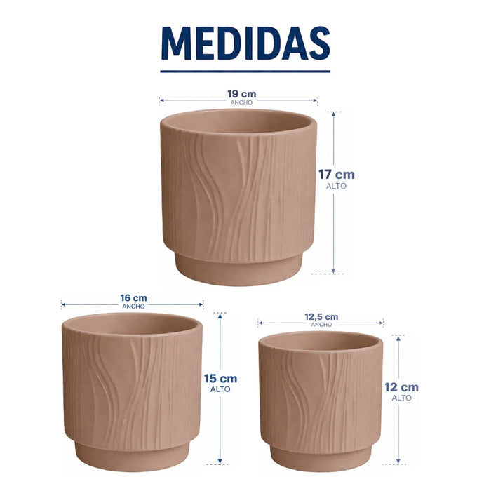 Set 3 Maceteros Maceta De Ceramica Arena Con Lineas
