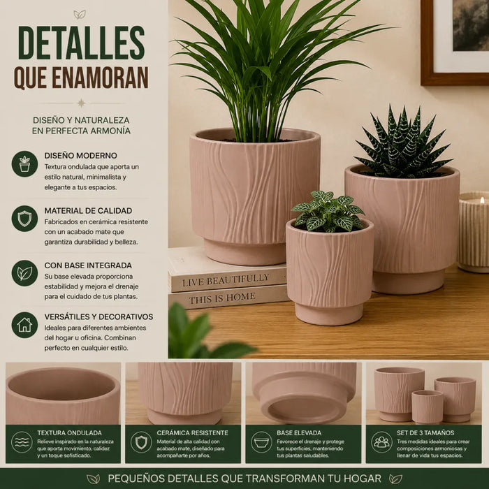 Set 3 Maceteros Maceta De Ceramica Arena Con Lineas