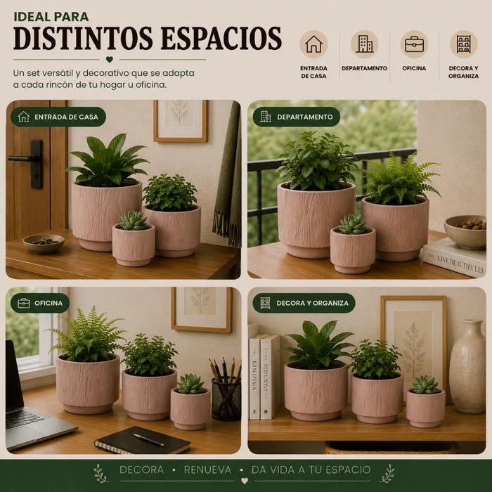 Set 3 Maceteros Maceta De Ceramica Arena Con Lineas