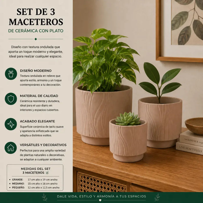 Set 3 Maceteros Maceta De Ceramica Arena Con Lineas