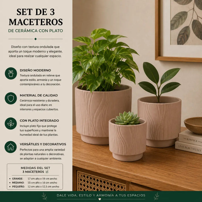Set 3 Maceteros Maceta De Ceramica Arena Con Lineas
