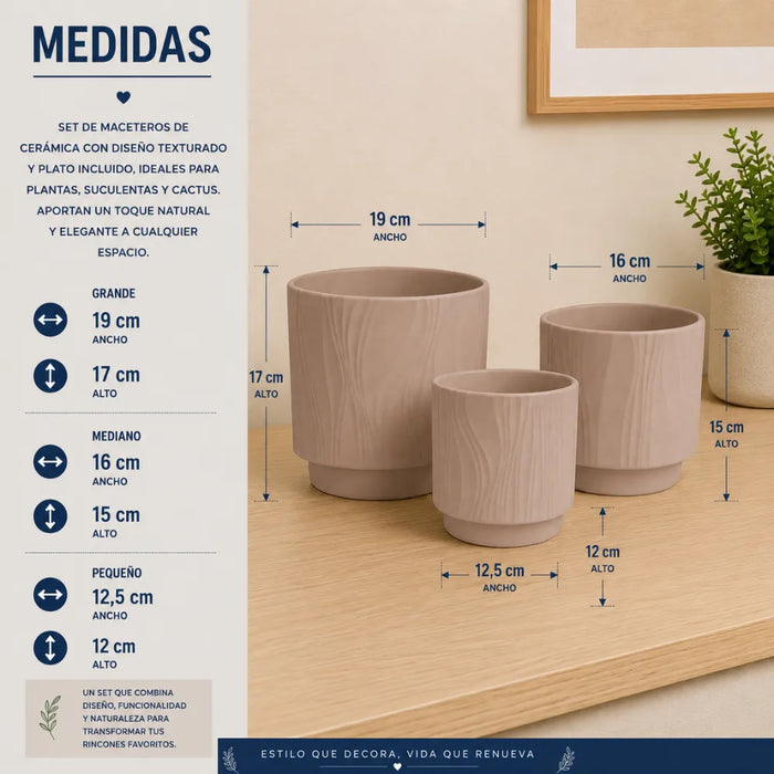 Set 3 Maceteros Maceta De Ceramica Arena Con Lineas