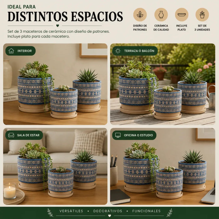 Set 3 Maceteros Maceta De Ceramica Azul Con Patrones Beige