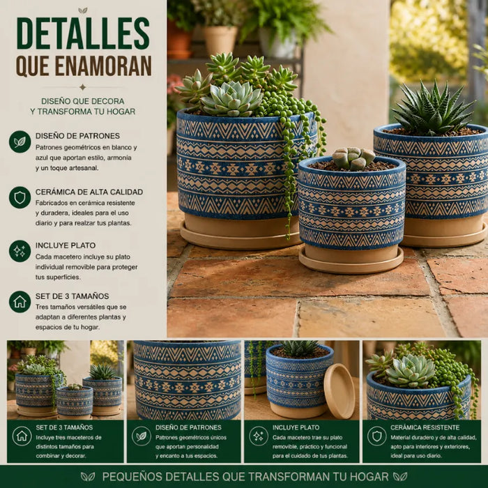 Set 3 Maceteros Maceta De Ceramica Azul Con Patrones Beige