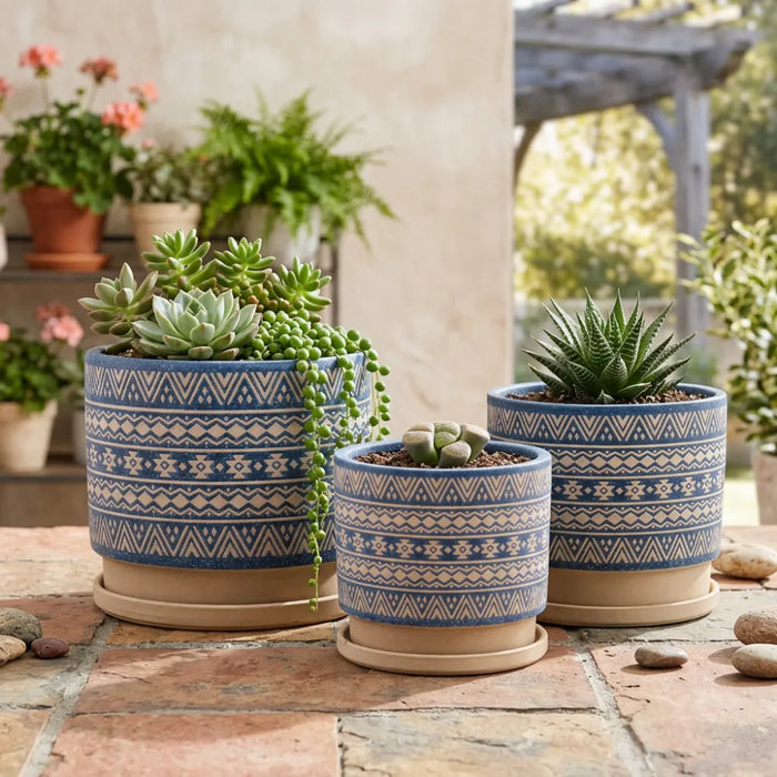 Set 3 Maceteros Maceta De Ceramica Azul Con Patrones Beige