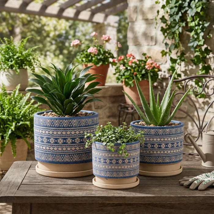 Set 3 Maceteros Maceta De Ceramica Azul Con Patrones Beige