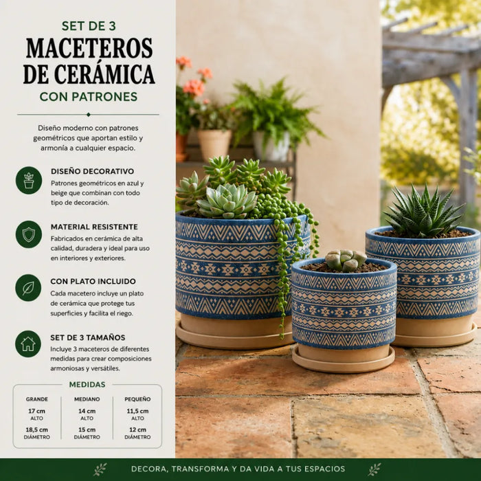 Set 3 Maceteros Maceta De Ceramica Azul Con Patrones Beige