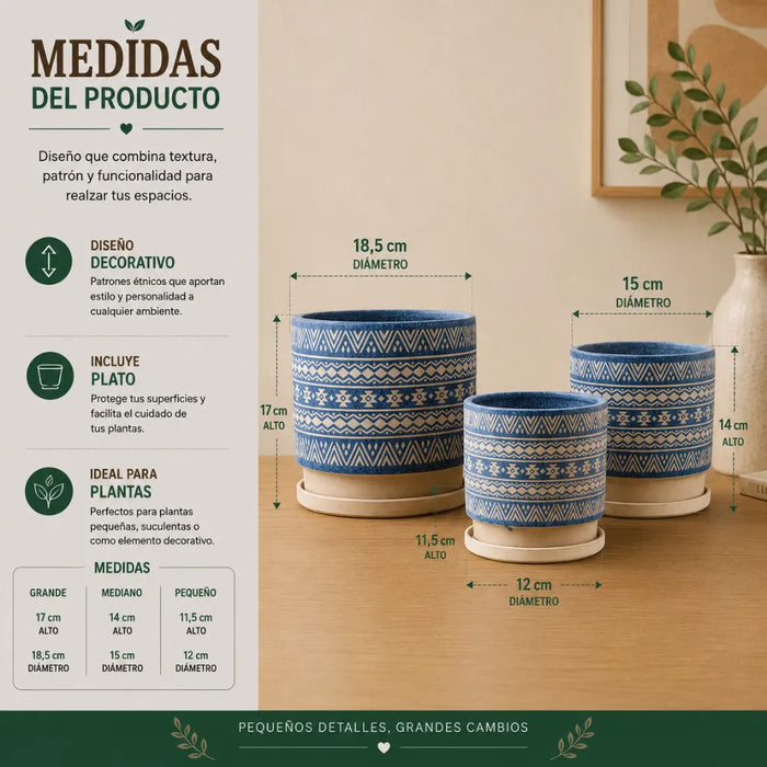 Set 3 Maceteros Maceta De Ceramica Azul Con Patrones Beige