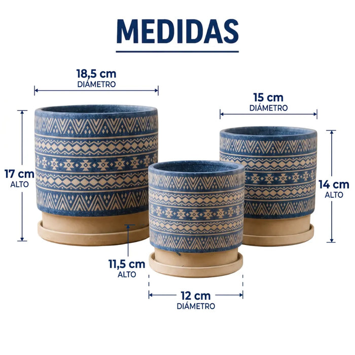 Set 3 Maceteros Maceta De Ceramica Azul Con Patrones Beige