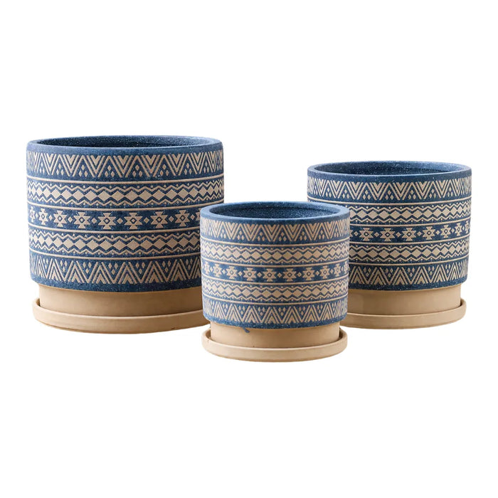 Set 3 Maceteros Maceta De Ceramica Azul Con Patrones Beige