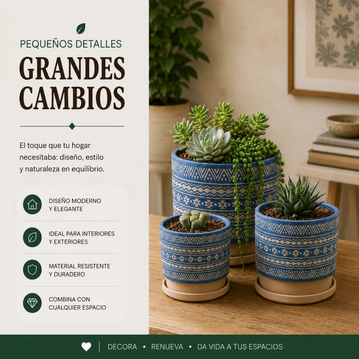 Set 3 Maceteros Maceta De Ceramica Azul Con Patrones Beige