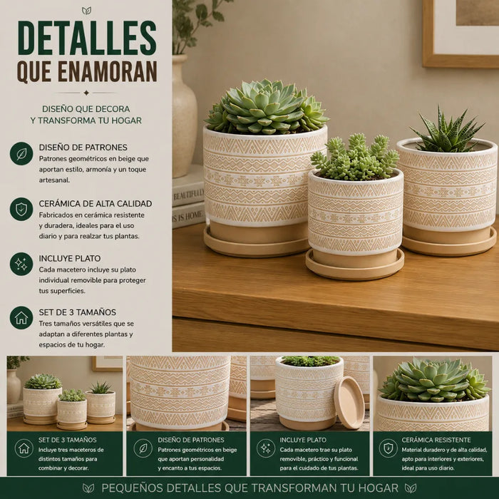 Set 3 Maceteros Maceta De Ceramica Beige Con Patrones Blanco