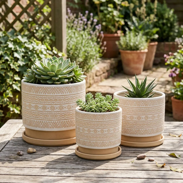 Set 3 Maceteros Maceta De Ceramica Beige Con Patrones Blanco