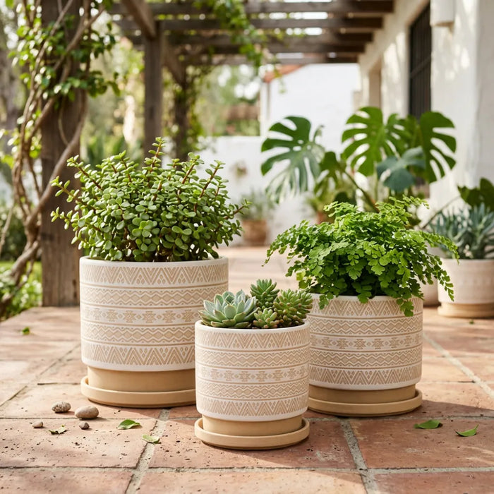 Set 3 Maceteros Maceta De Ceramica Beige Con Patrones Blanco