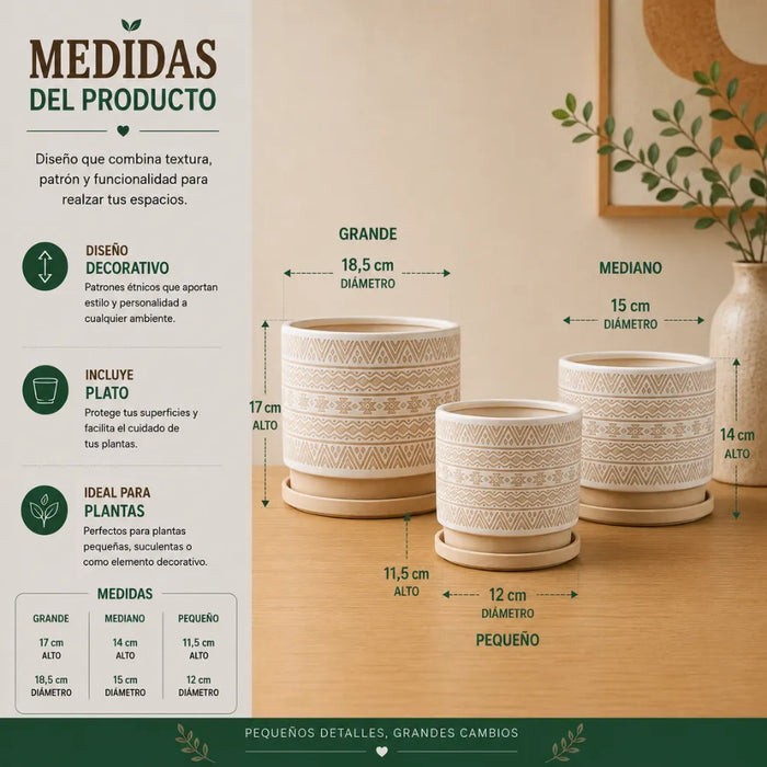 Set 3 Maceteros Maceta De Ceramica Beige Con Patrones Blanco