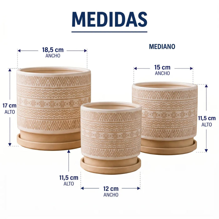 Set 3 Maceteros Maceta De Ceramica Beige Con Patrones Blanco