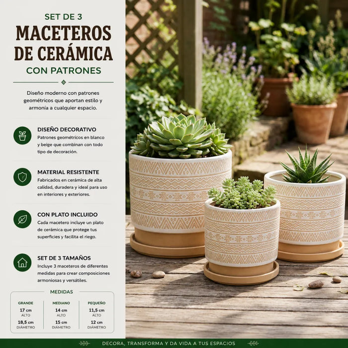 Set 3 Maceteros Maceta De Ceramica Beige Con Patrones Blanco
