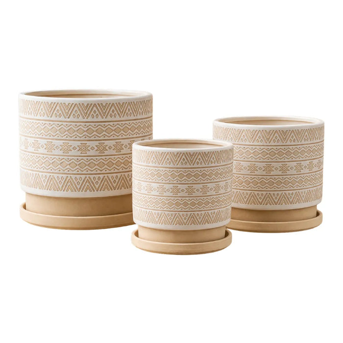 Set 3 Maceteros Maceta De Ceramica Beige Con Patrones Blanco