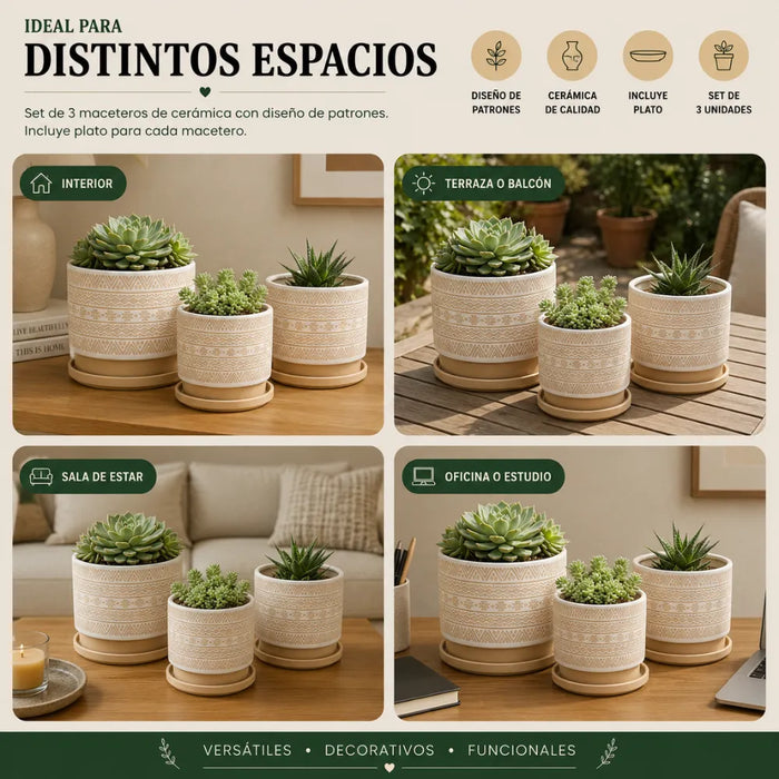 Set 3 Maceteros Maceta De Ceramica Beige Con Patrones Blanco