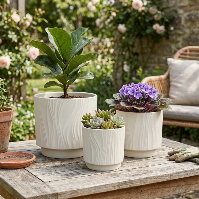 Set 3 Maceteros Maceta De Ceramica Blanco Con Lineas