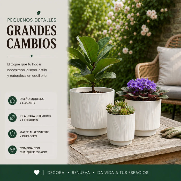 Set 3 Maceteros Maceta De Ceramica Blanco Con Lineas