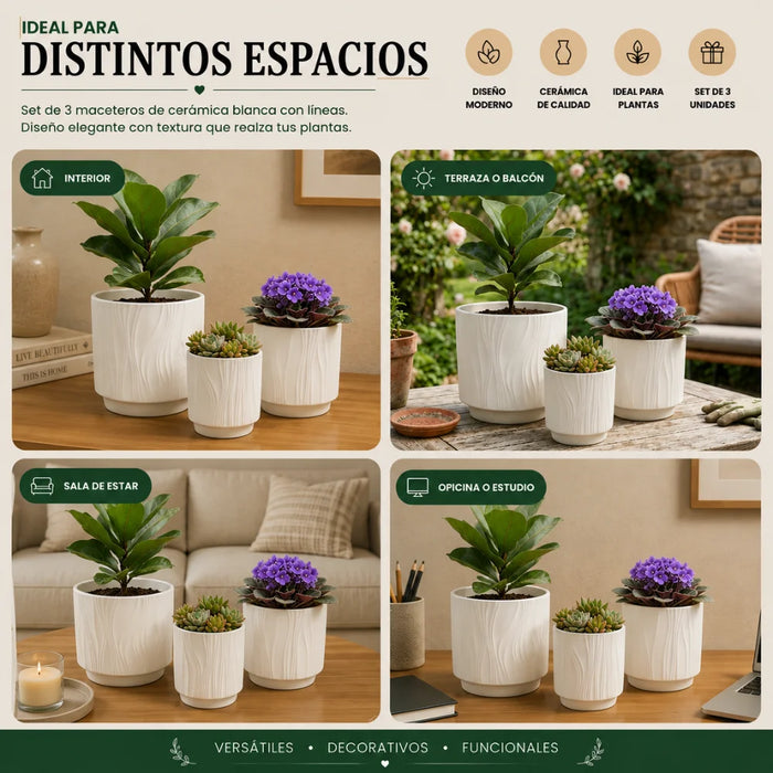 Set 3 Maceteros Maceta De Ceramica Blanco Con Lineas