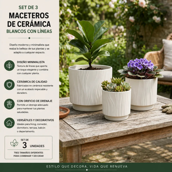 Set 3 Maceteros Maceta De Ceramica Blanco Con Lineas