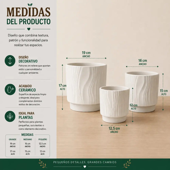 Set 3 Maceteros Maceta De Ceramica Blanco Con Lineas
