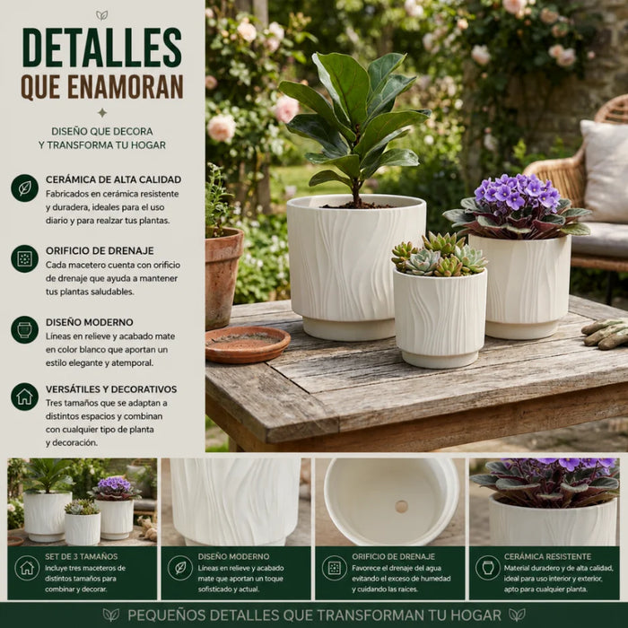 Set 3 Maceteros Maceta De Ceramica Blanco Con Lineas