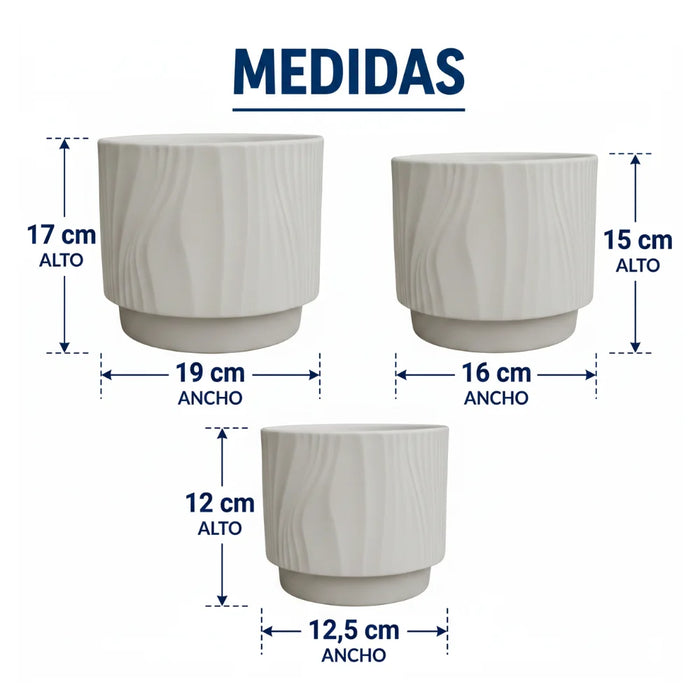 Set 3 Maceteros Maceta De Ceramica Blanco Con Lineas