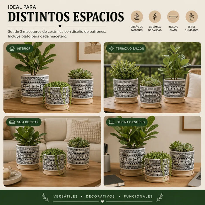 Set 3 Maceteros Maceta De Ceramica Blanco Con Patrones Negro
