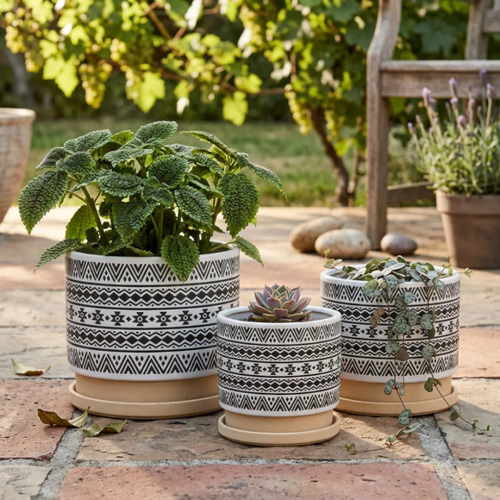 Set 3 Maceteros Maceta De Ceramica Blanco Con Patrones Negro