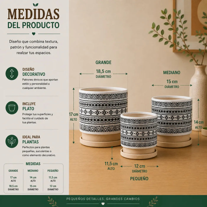 Set 3 Maceteros Maceta De Ceramica Blanco Con Patrones Negro