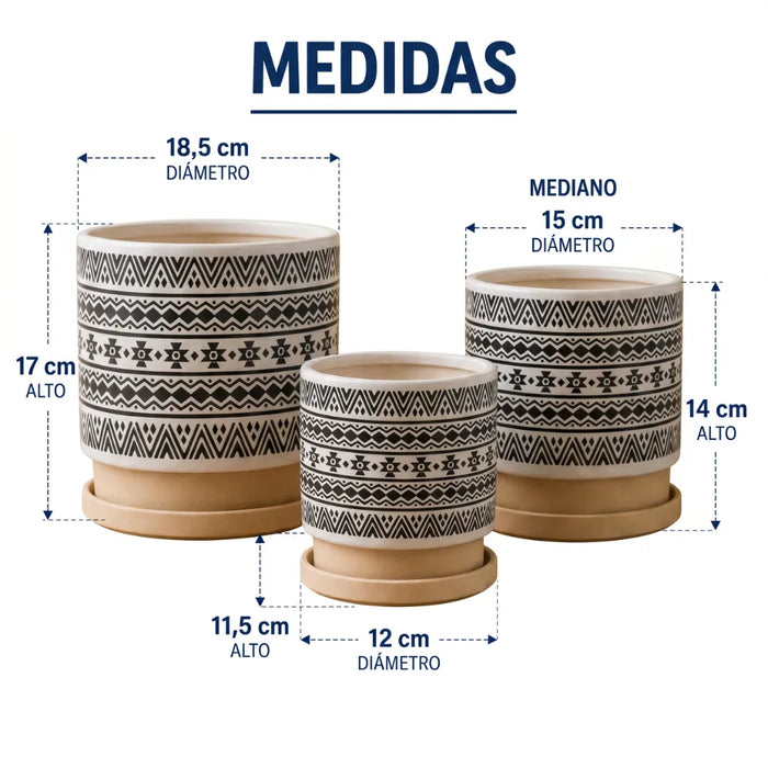 Set 3 Maceteros Maceta De Ceramica Blanco Con Patrones Negro