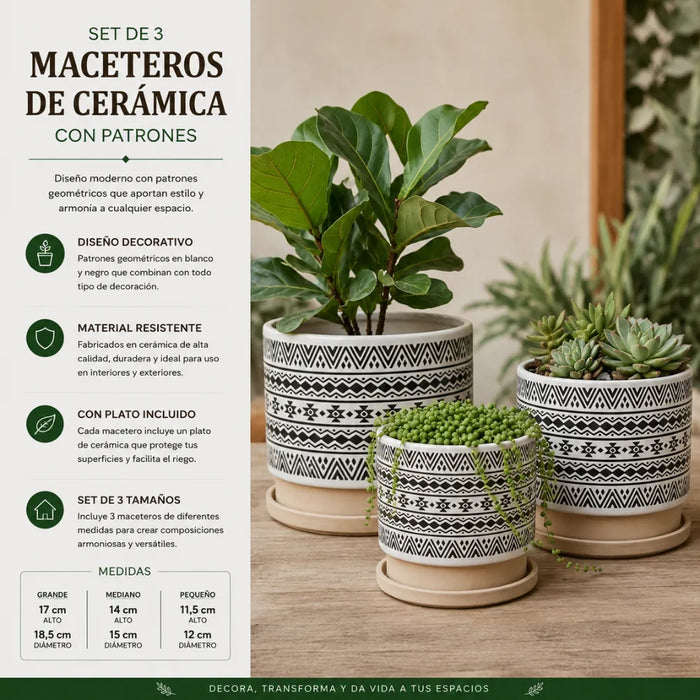 Set 3 Maceteros Maceta De Ceramica Blanco Con Patrones Negro