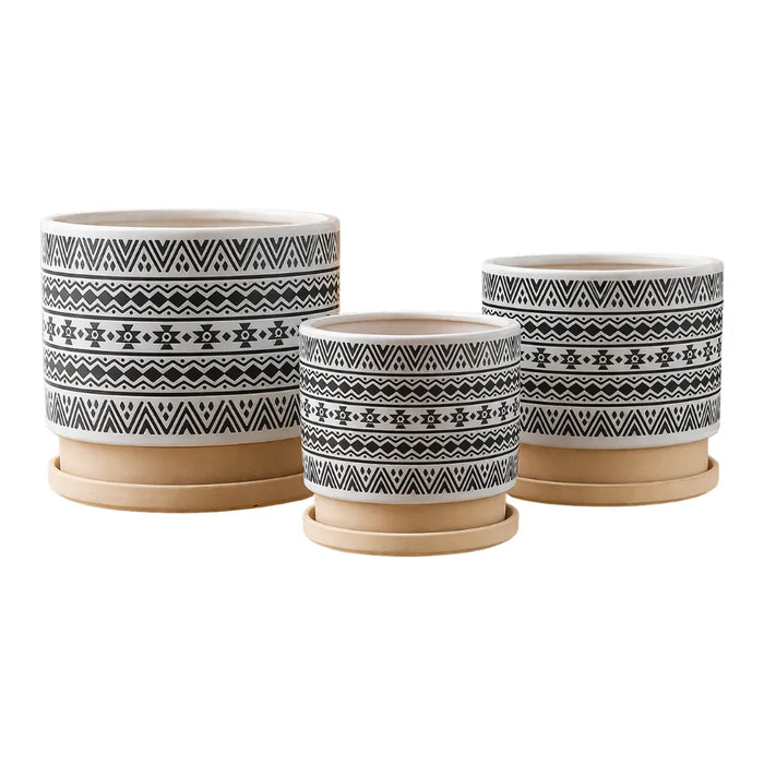 Set 3 Maceteros Maceta De Ceramica Blanco Con Patrones Negro