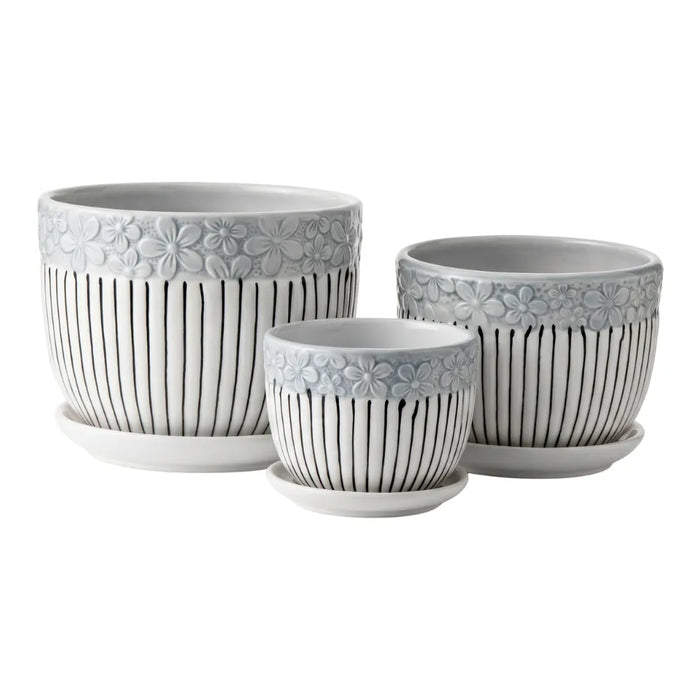 Set 3 Maceteros Maceta De Cerámica Blancos Flores Y Líneas