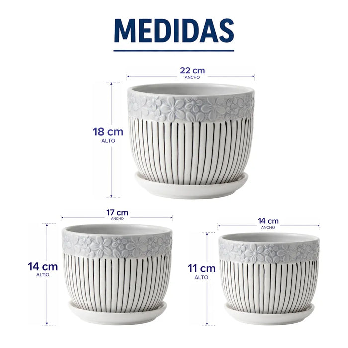 Set 3 Maceteros Maceta De Cerámica Blancos Flores Y Líneas