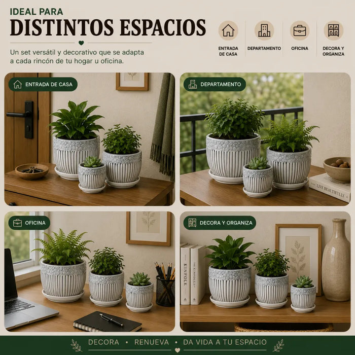 Set 3 Maceteros Maceta De Cerámica Blancos Flores Y Líneas