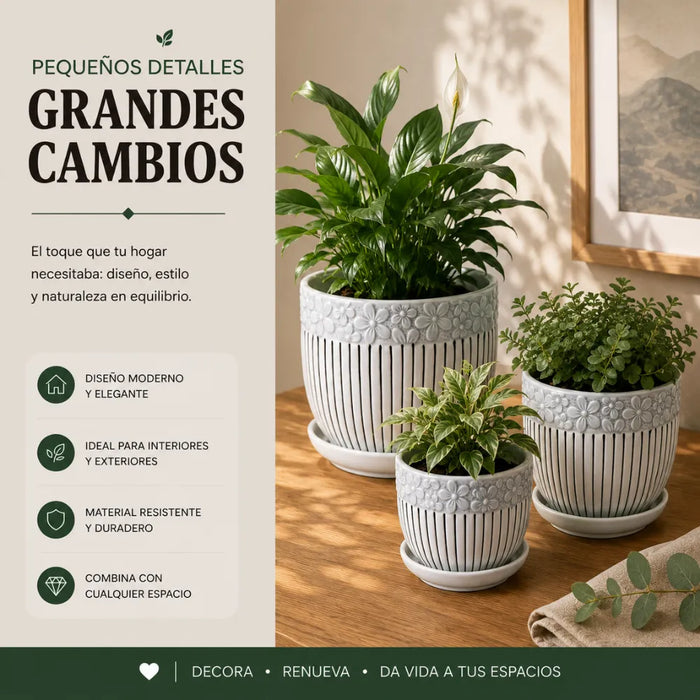 Set 3 Maceteros Maceta De Cerámica Blancos Flores Y Líneas