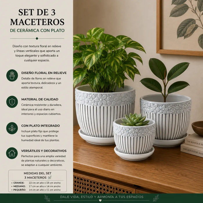 Set 3 Maceteros Maceta De Cerámica Blancos Flores Y Líneas