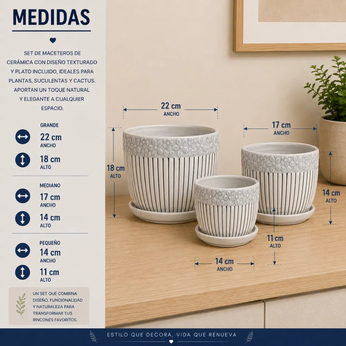 Set 3 Maceteros Maceta De Cerámica Blancos Flores Y Líneas