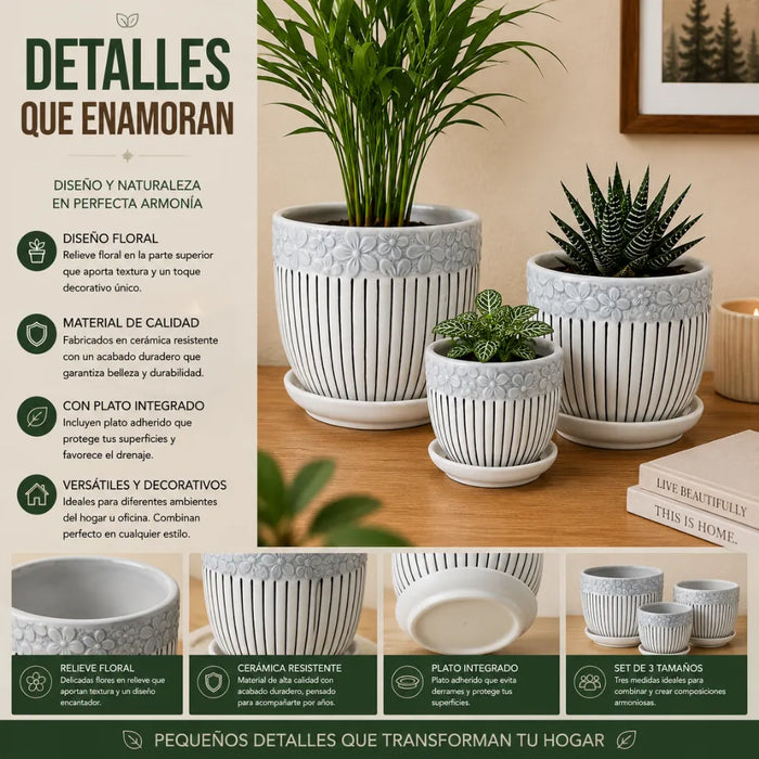 Set 3 Maceteros Maceta De Cerámica Blancos Flores Y Líneas