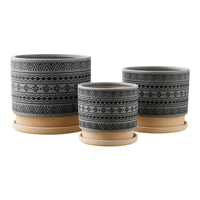 Set 3 Maceteros Maceta De Ceramica Gris Con Patrones Negros