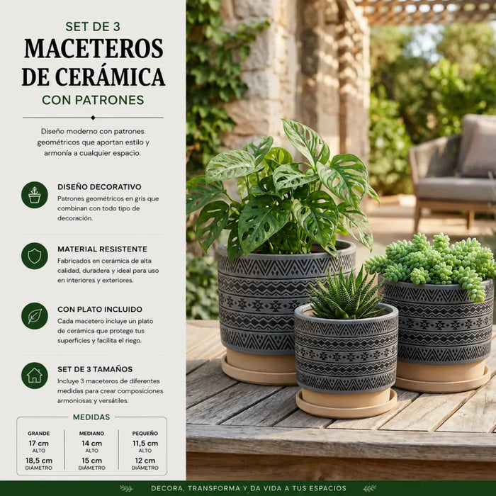 Set 3 Maceteros Maceta De Ceramica Gris Con Patrones Negros