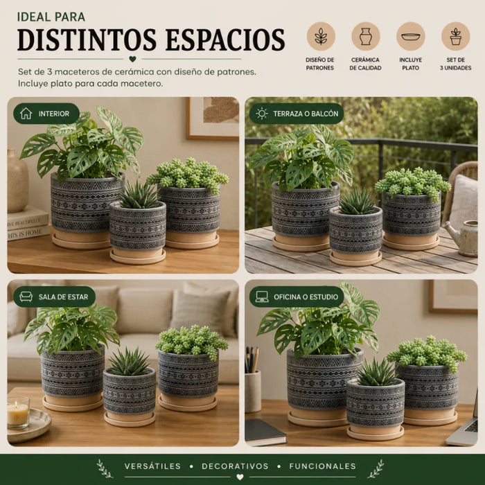 Set 3 Maceteros Maceta De Ceramica Gris Con Patrones Negros