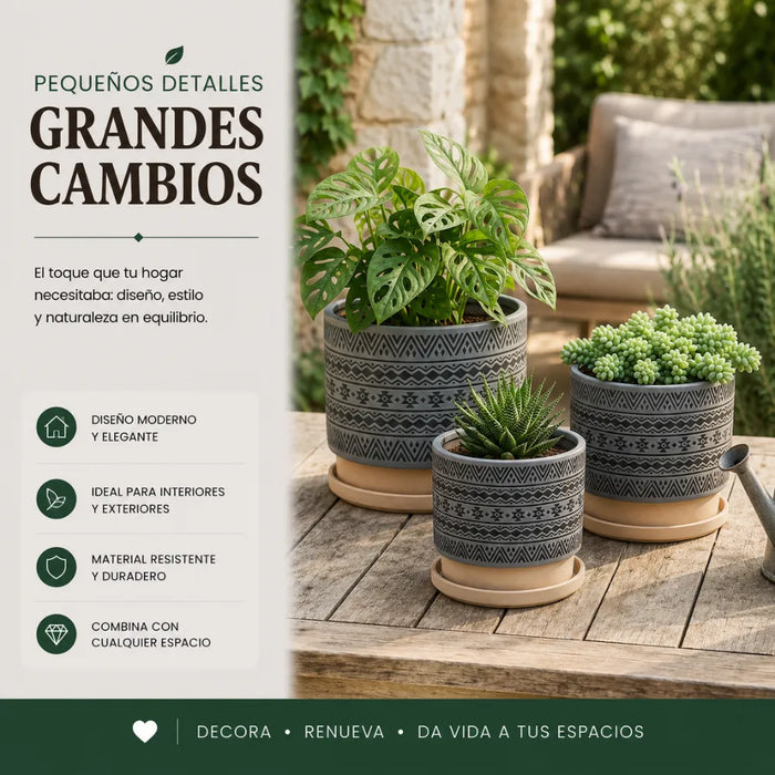 Set 3 Maceteros Maceta De Ceramica Gris Con Patrones Negros