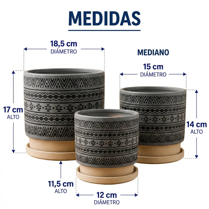 Set 3 Maceteros Maceta De Ceramica Gris Con Patrones Negros