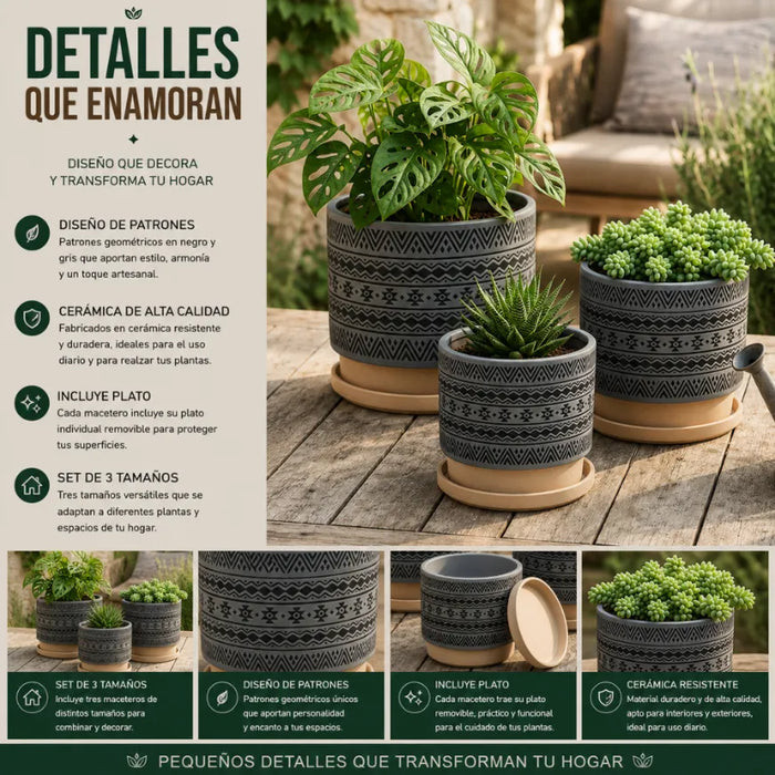 Set 3 Maceteros Maceta De Ceramica Gris Con Patrones Negros