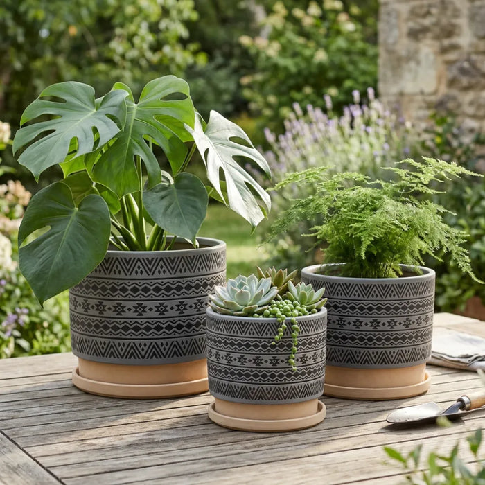 Set 3 Maceteros Maceta De Ceramica Gris Con Patrones Negros